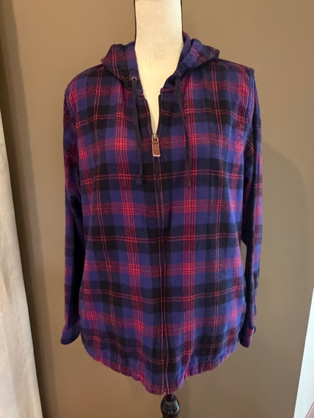 L.L. Bean Scotch Plaid Hoodie Red Blue Plaid Full Zip Hoodie, Size XL
